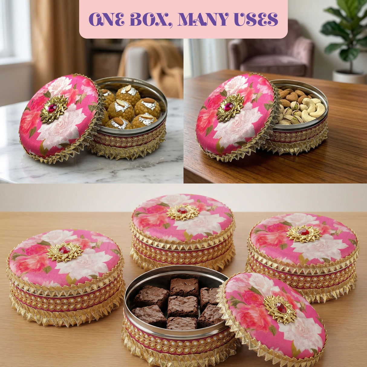 Decorative gotta steel ladoo box 400 grams with green floral pattern gold trim and central green gemstone accent