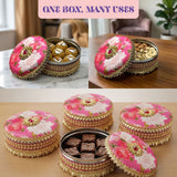 Decorative gotta steel ladoo box 400 grams with green floral pattern gold trim and central green gemstone accent