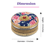 Navy blue gotta steel ladoo box with roses, gold lace, red gem, 400g shagun gift