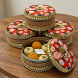 Red floral Gotta Steel Ladoo box with gold trim, 400g wedding gift