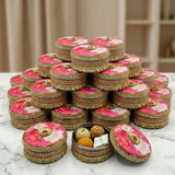 Pink floral gotta steel ladoo boxes with gold trim, pyramid stack, 400g wedding gift