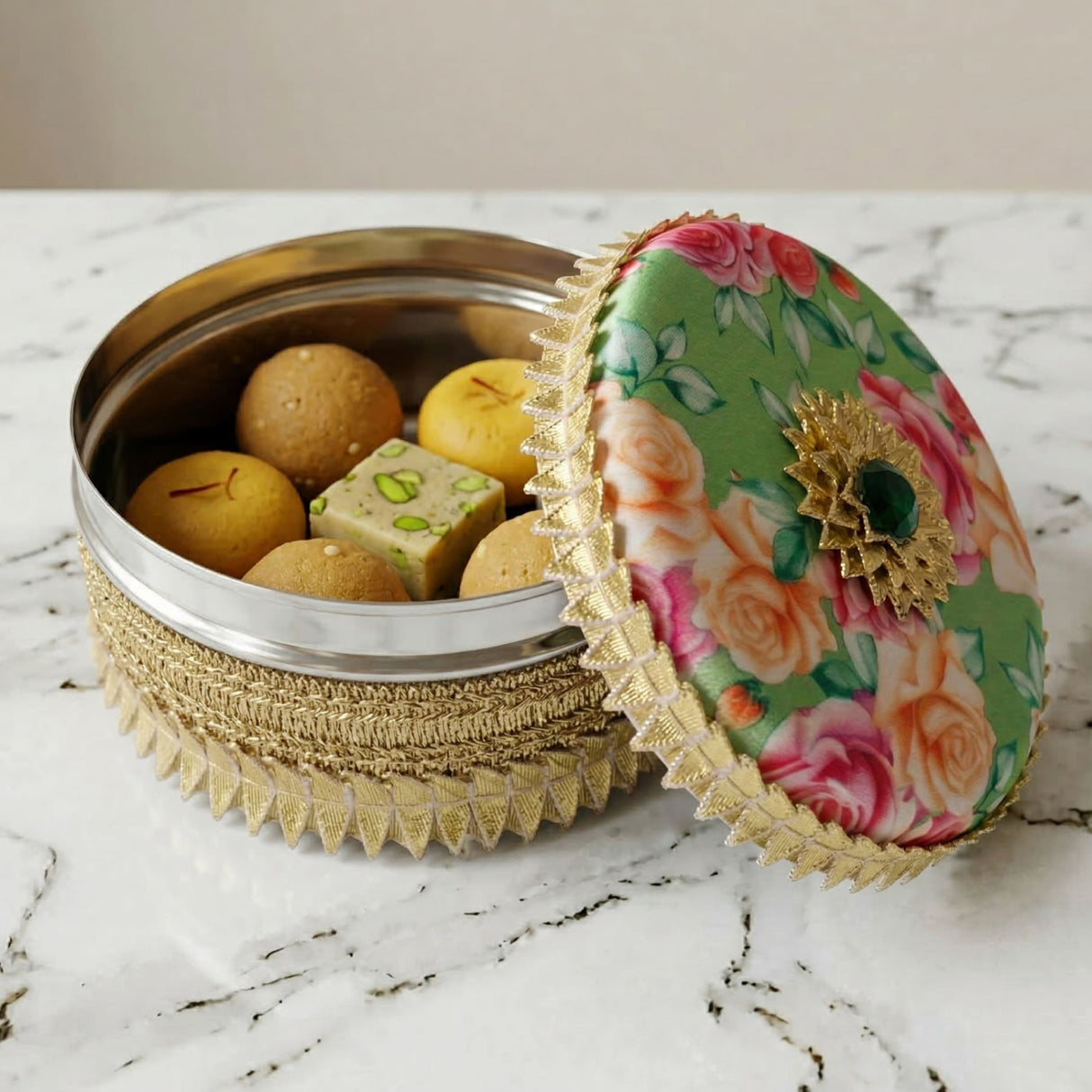 Green floral Gotta Steel Ladoo Box lid with gold trim, gem, silver base, sweets