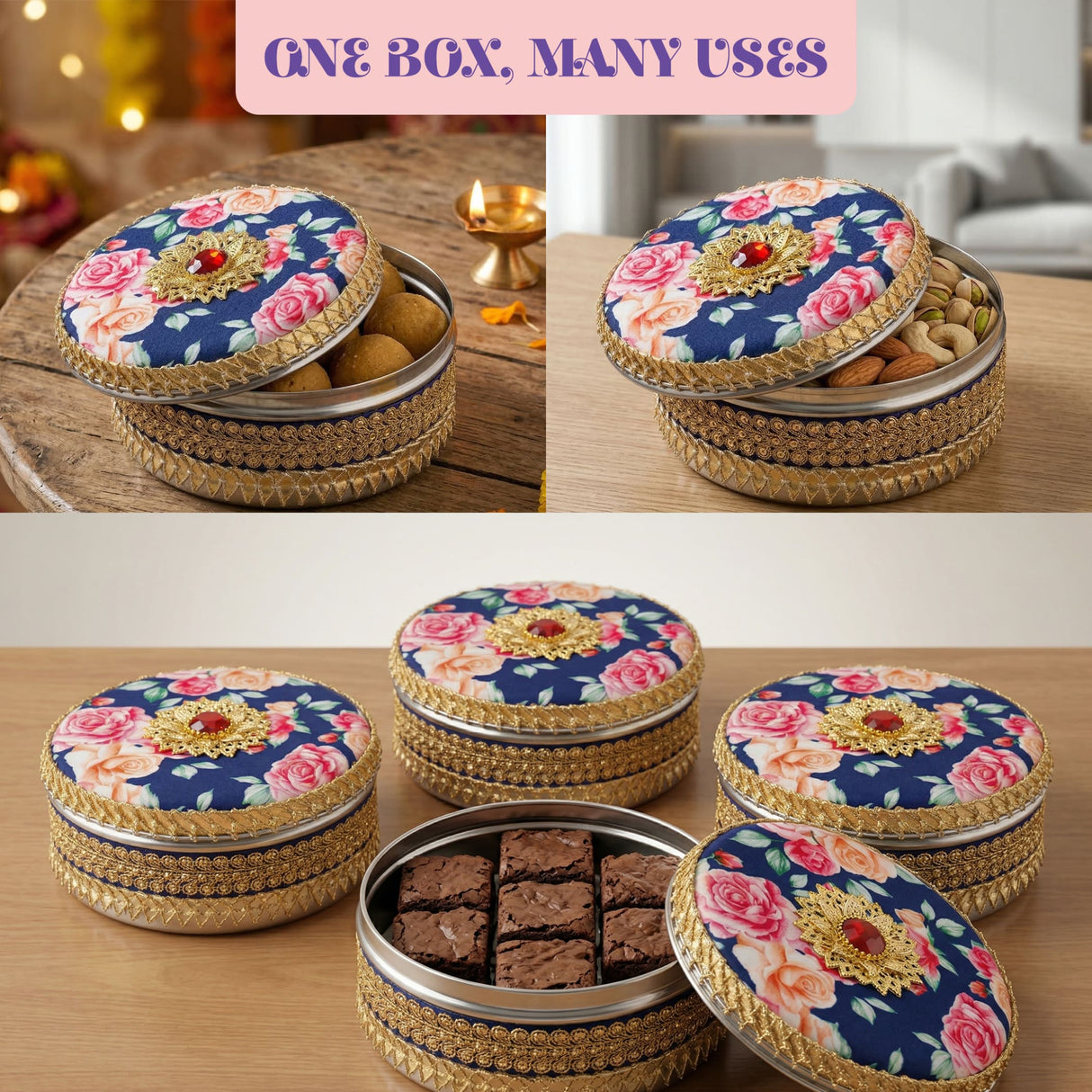 Elegant decorative gotta steel ladoo box with navy blue floral fabric lid gold trim and central embellishment for gifting