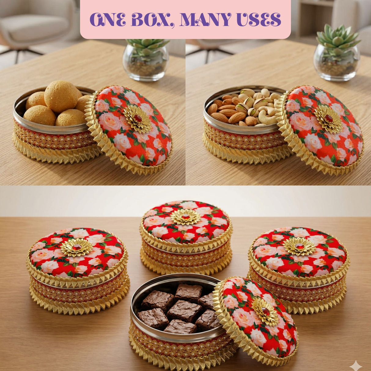 Decorative gotta steel ladoo box 400 grams in red floral pattern with gold trim and central golden embellishment for festive gifting