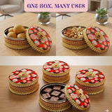 Decorative gotta steel ladoo box 400 grams in red floral pattern with gold trim and central golden embellishment for festive gifting