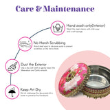 Pink floral gotta steel ladoo box lid with gold embellishments