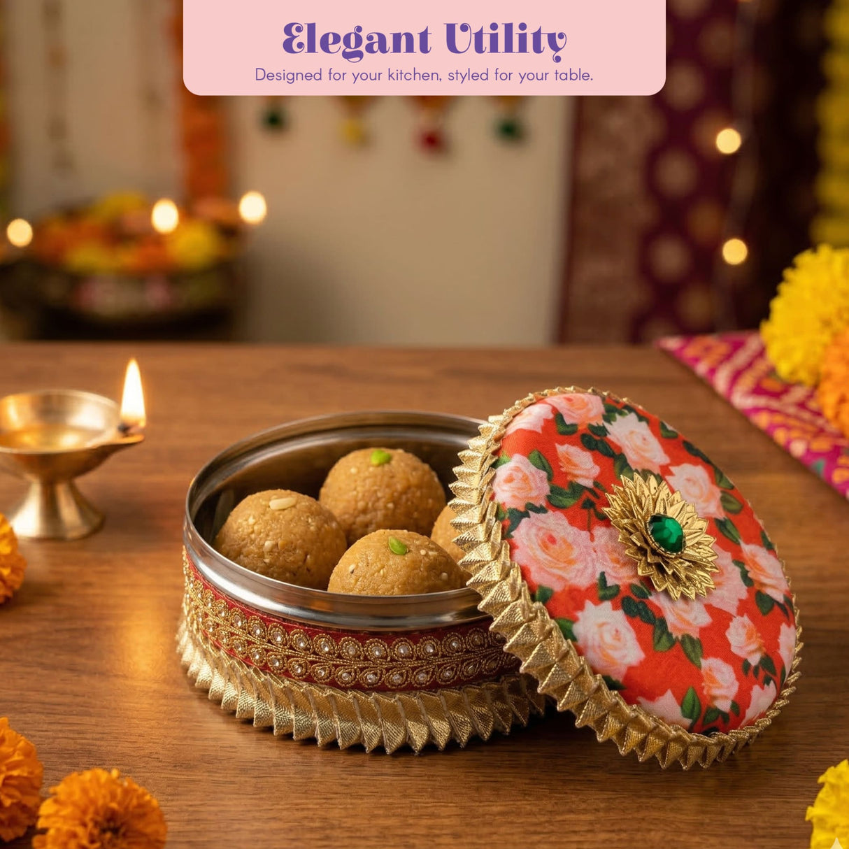 Decorative gotta steel ladoo box with red floral lid, gold trim, green gem, 400g golden sweets