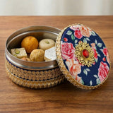Decorative Gotta Steel Ladoo Box with navy floral lid and 400g Indian sweets