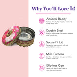 Pink floral gotta steel ladoo box with gold lid, 400g wedding gift