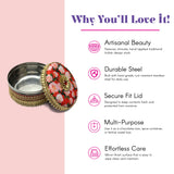 Decorative red floral gotta steel ladoo box 400g with gold lid