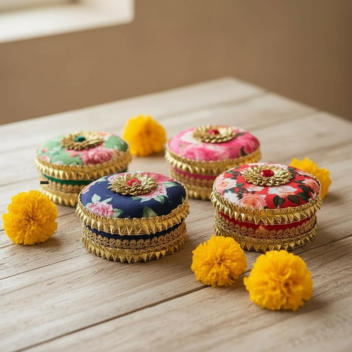Floral fabric trinket box with gold trim and pom-poms for Indian wedding and festival gifts