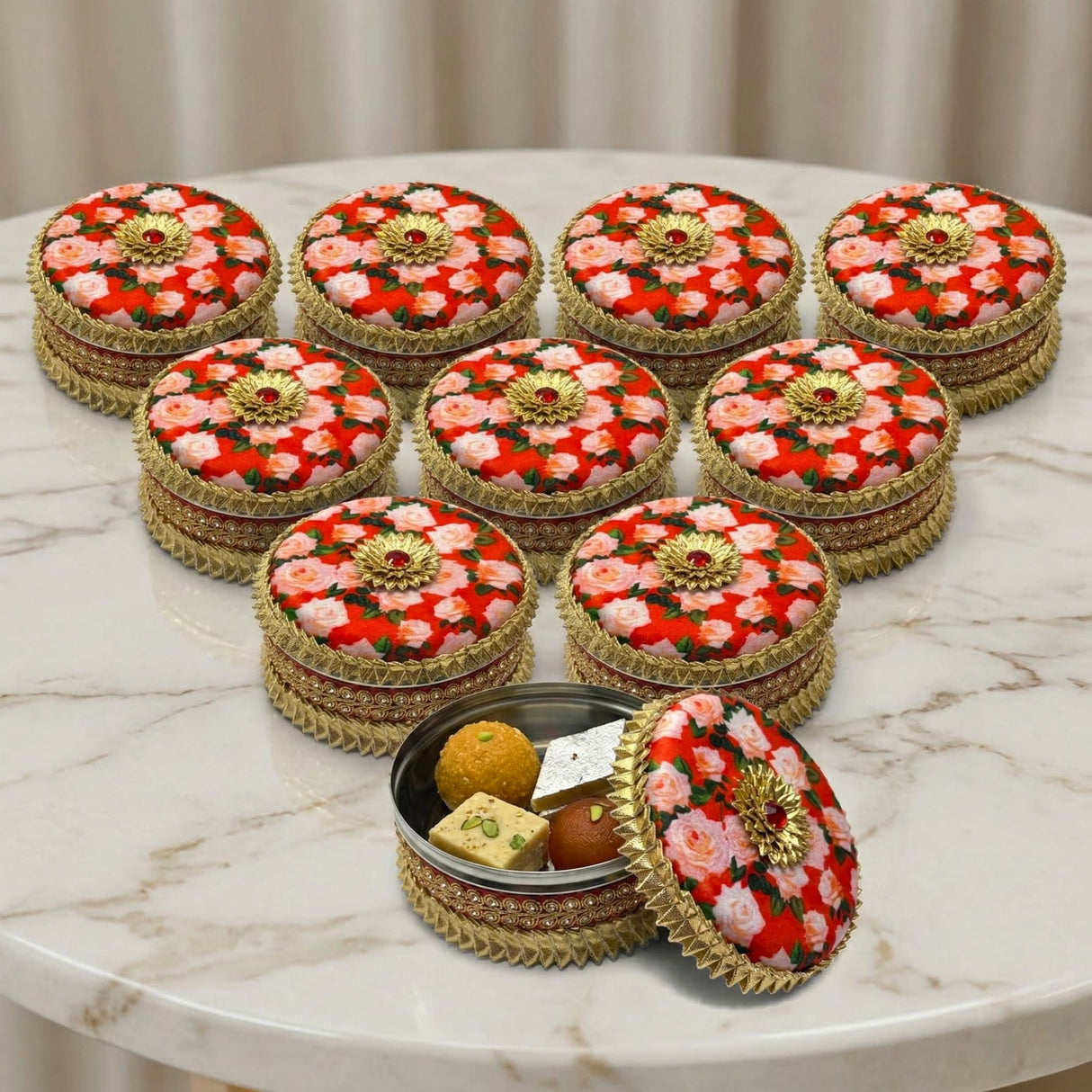Red pink floral gotta steel ladoo boxes with gold lids for weddings shagun gifts