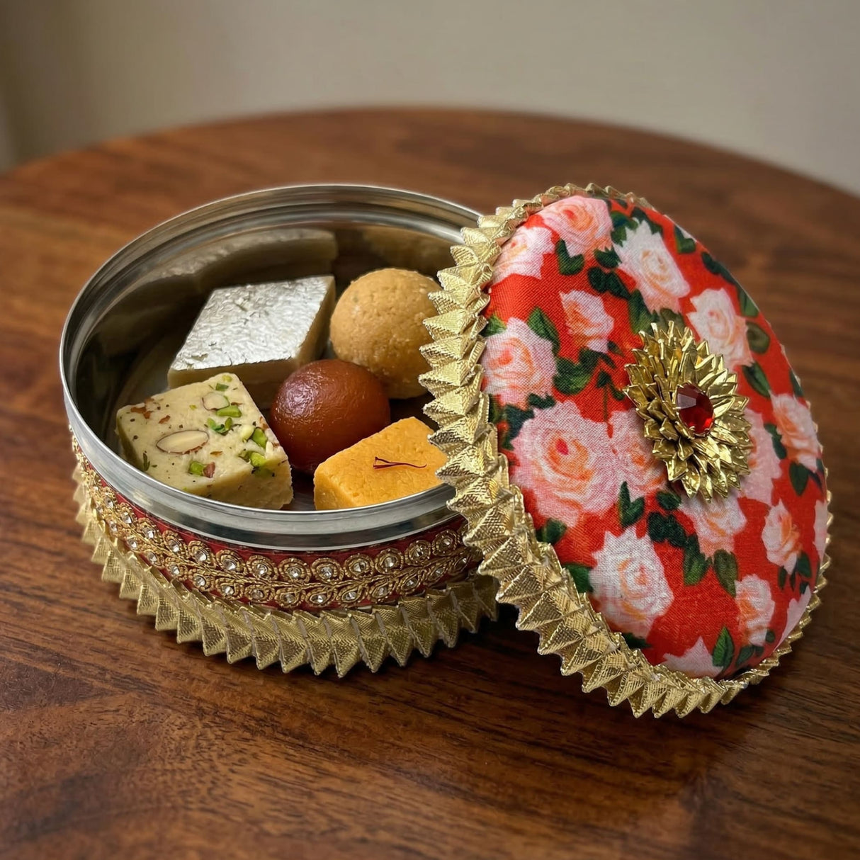 Decorative gotta steel ladoo box with red floral lid holding 400g Indian sweets