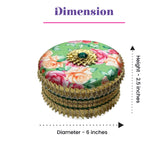 Round green floral gotta steel ladoo box with gold trim, emerald gem, 400g wedding gift