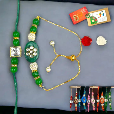 Decorative green and gold rakhi bracelet with beads and a central ornament.