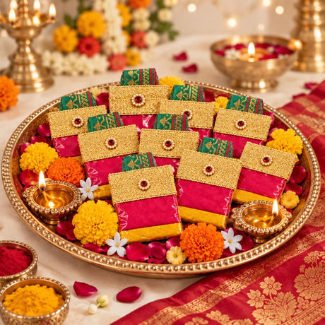 Decorative handbag style mini haldi kumkum packets in gold and pink beads with green patterned accents for pooja thali use