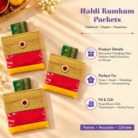 Decorative handbag style mini haldi kumkum packets in red and gold beads with green patterned handles for pooja thali