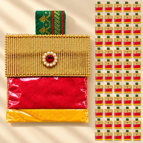 Gold-beaded clutch with red gemstone and pearl embellishment and green patterned handle for pooja thali use