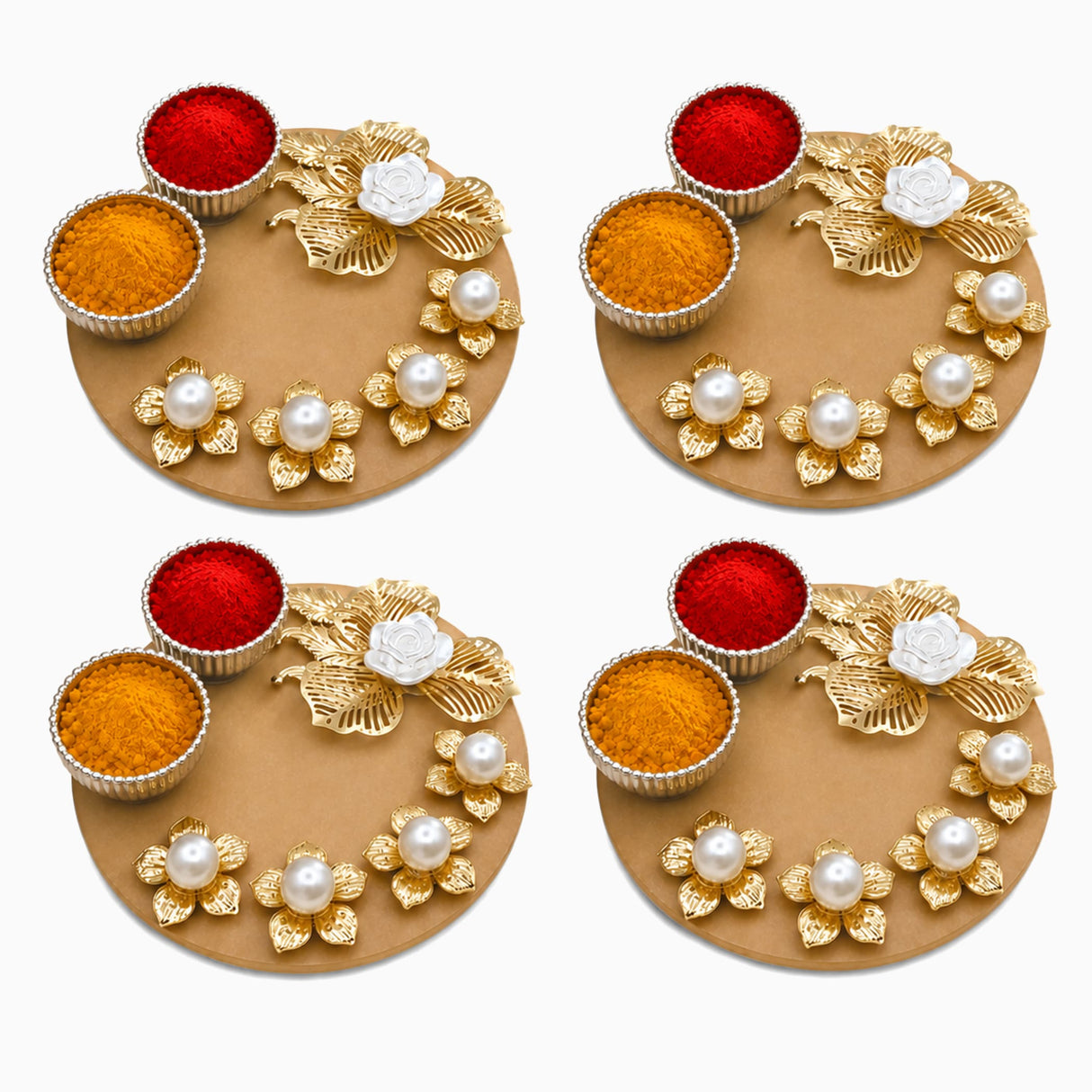 Gold-colored decorative haldi kumkum thali holder with intricate floral designs pearl accents and three small bowls for puja powders