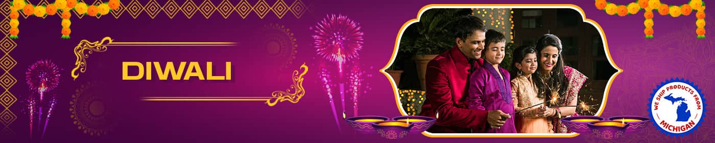 Decorative purple and gold banner for Diwali featuring festive imagery and text.