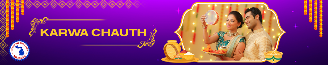 A decorative purple and gold banner featuring traditional Karwa Chauth festival imagery with ritual elements and celebrants.