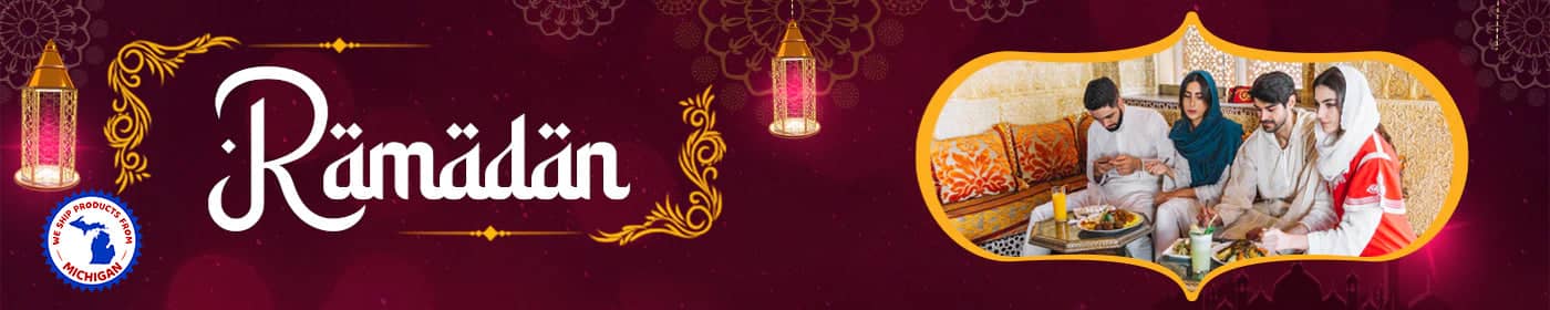 Decorative Ramadan banner with ornate text and lantern designs in burgundy and gold tones.