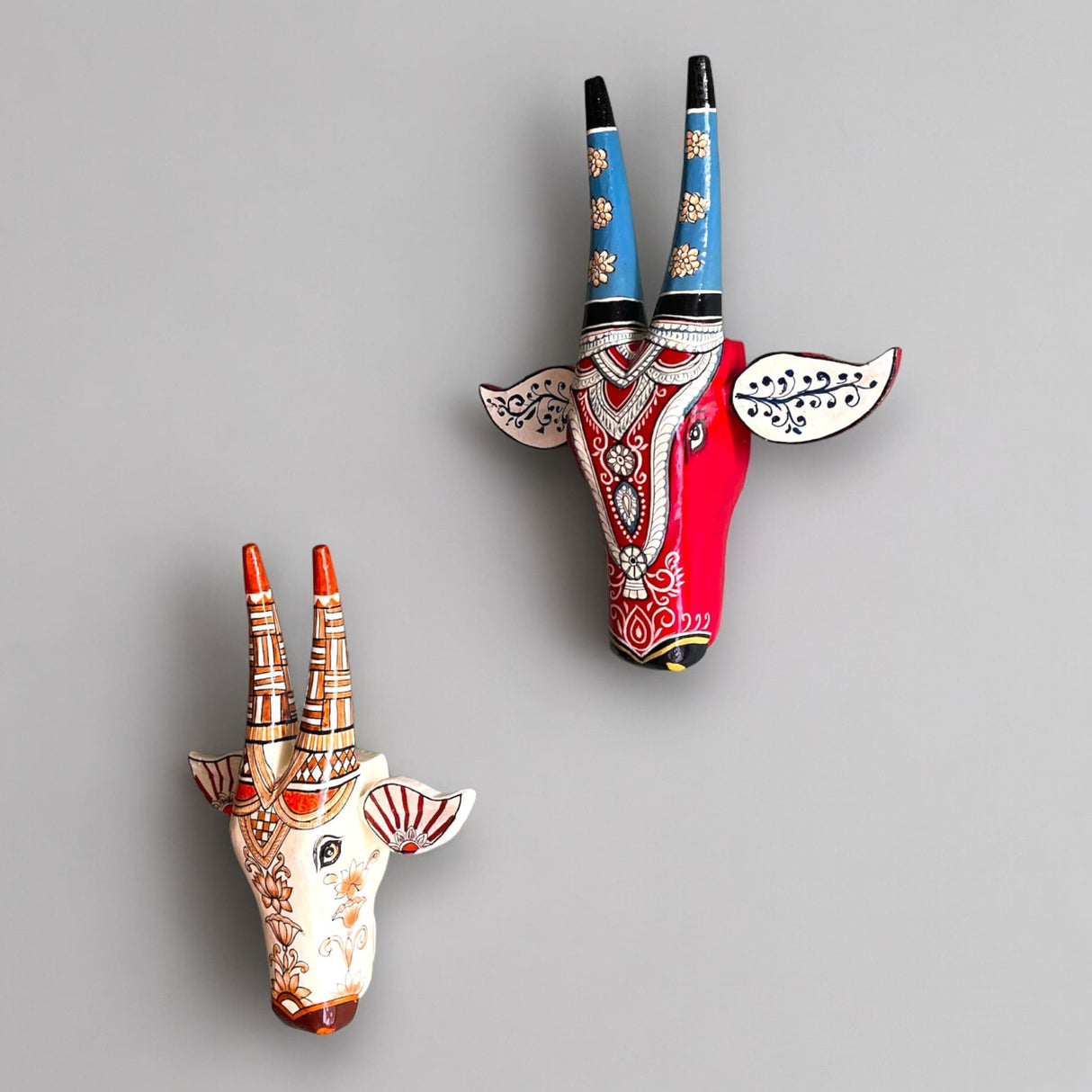 Wooden cow nandi wall hanging bull head set of 1 indian