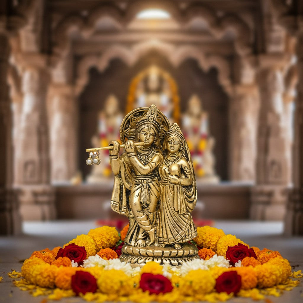 Brass Radha Krishna Statue Hindu God Religious Lord Krishna with Radha Rani Murti Idol - Sculpture for Home Temple Mandir Pooja Decor - Decorative Showpiece Housewarming Gift (5.5 Inches)
