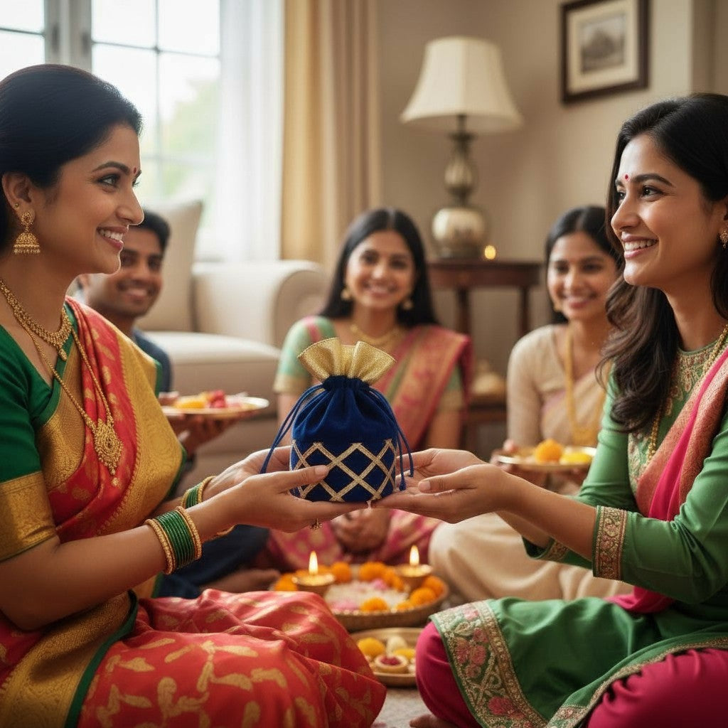 Two women in traditional attire exchanging a blue potli bag in a festive indoor setting.