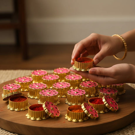 Pink Haldi Kumkum Holder Traditional Roli Chawal/Rice Holder for Pooja - Hindu Wedding Housewarming Return Gifts Indian Temple Decor Diwali Favors Religious Puja Accessories