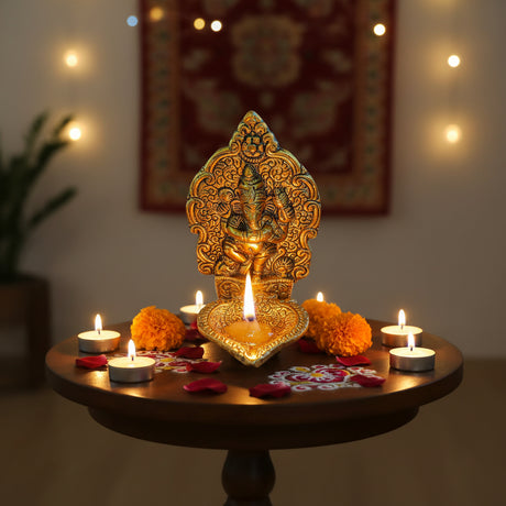Ganesha Brass Finish Diya for Puja God Ganesh Idol Oil Lamp Deepam Akhand Jyot Kuber Deepak Diwali Home Decorations Mandir Temple Decor Vilakku Deepawali Housewarming Wedding Return Gifts