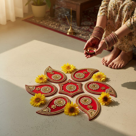 Acrylic Rangoli Set Indian Traditional Handmade Reusable Paisley Design Rangoli Diwali Navratri Home Temple Decor Floor Table Decoration - Deepawali Wedding Housewarming Gift (12 Inches)