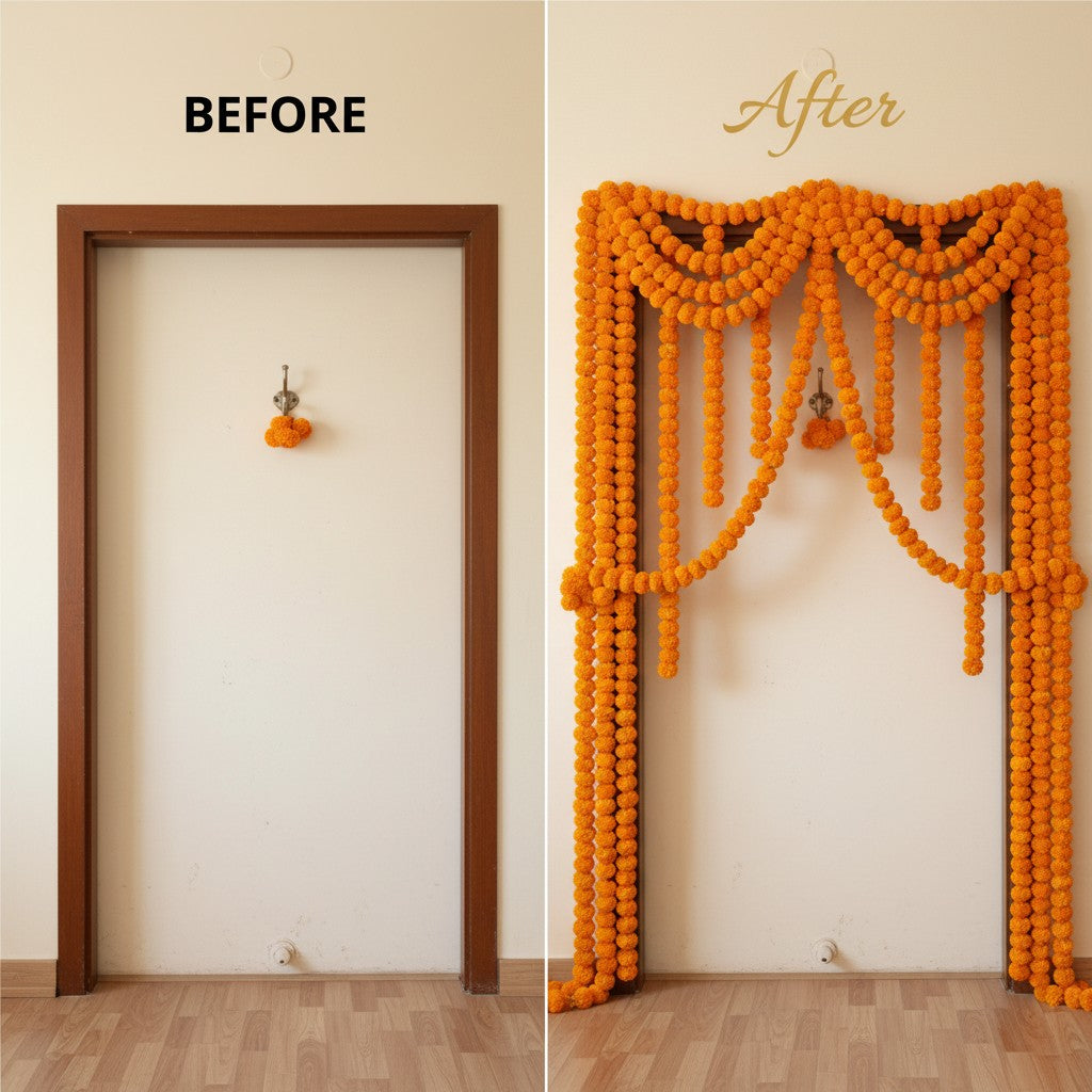 5 Strings Artificial Marigold Flowers Garland for Home Party Door Hanging Diwali Navratri Decorations Day of the Dead Dia De Los Muertos Ofrenda Halloween Mexican Fiesta Party Decor