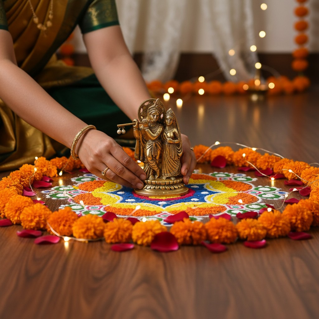 Brass Radha Krishna Statue Hindu God Religious Lord Krishna with Radha Rani Murti Idol - Sculpture for Home Temple Mandir Pooja Decor - Decorative Showpiece Housewarming Gift (5.5 Inches)