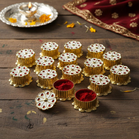 White Haldi Kumkum Holder Traditional Roli Chawal/Rice Holder for Pooja - Hindu Wedding Housewarming Return Gifts Indian Temple Decor Diwali Favors Religious Puja Accessories