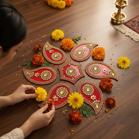 Acrylic Rangoli Set Indian Traditional Handmade Reusable Paisley Design Rangoli Diwali Navratri Home Temple Decor Floor Table Decoration - Deepawali Wedding Housewarming Gift (12 Inches)