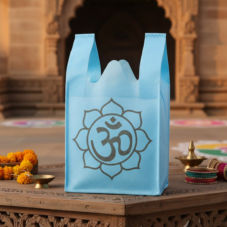 Om Print Return Non Woven Gifts Party Favor Bags Ecofriendly Reusable for Indian Wedding Housewarming Puja