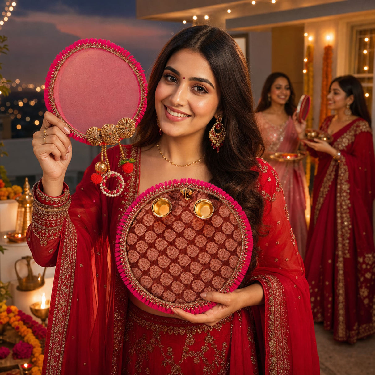 Designer and decorative karwachauth channi and thali with round pink and gold patterned tray and tassels for karwa chauth gift