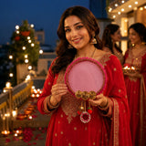 Designer and decorative karwachauth channi pink circular mirror with fringed edge and ornate gold accents for wedding favor