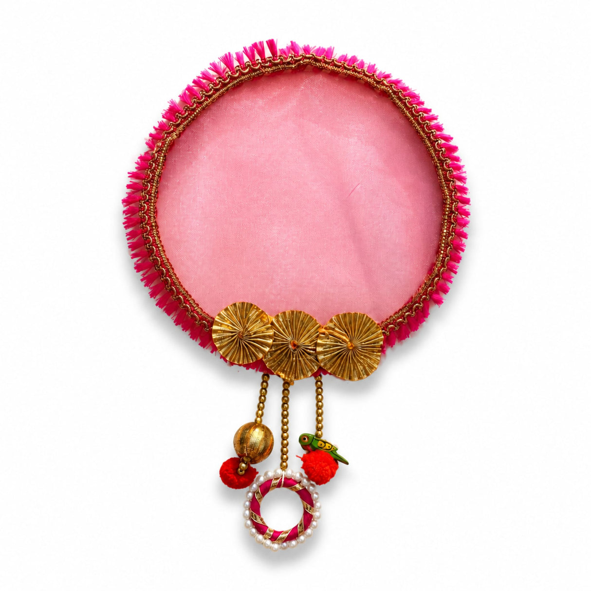 Designer and decorative karwachauth channi in pink with fringed edges gold embellishments and dangling charms for wedding favor