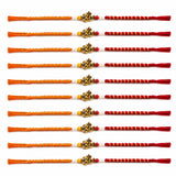 Ten orange and red braided designer om rakhi bracelets with golden om charm and yellow and white beads for raksha bandhan
