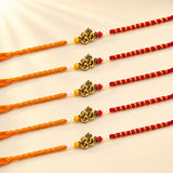Five traditional orange and red handcrafted designer om rakhi bracelets with golden om charms white pearls and yellow beads for raksha bandhan