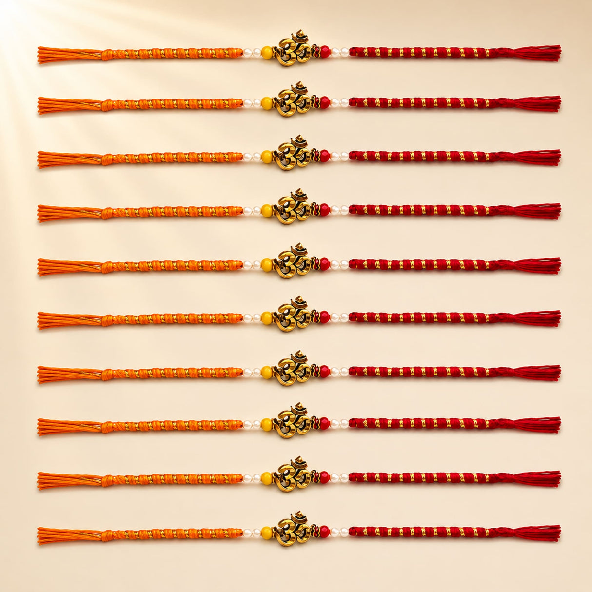 Golden om-shaped pendant with orange and red braided cords white beads and tassels designer om rakhi bracelet for raksha bandhan