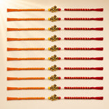 Golden om-shaped pendant with orange and red braided cords white beads and tassels designer om rakhi bracelet for raksha bandhan
