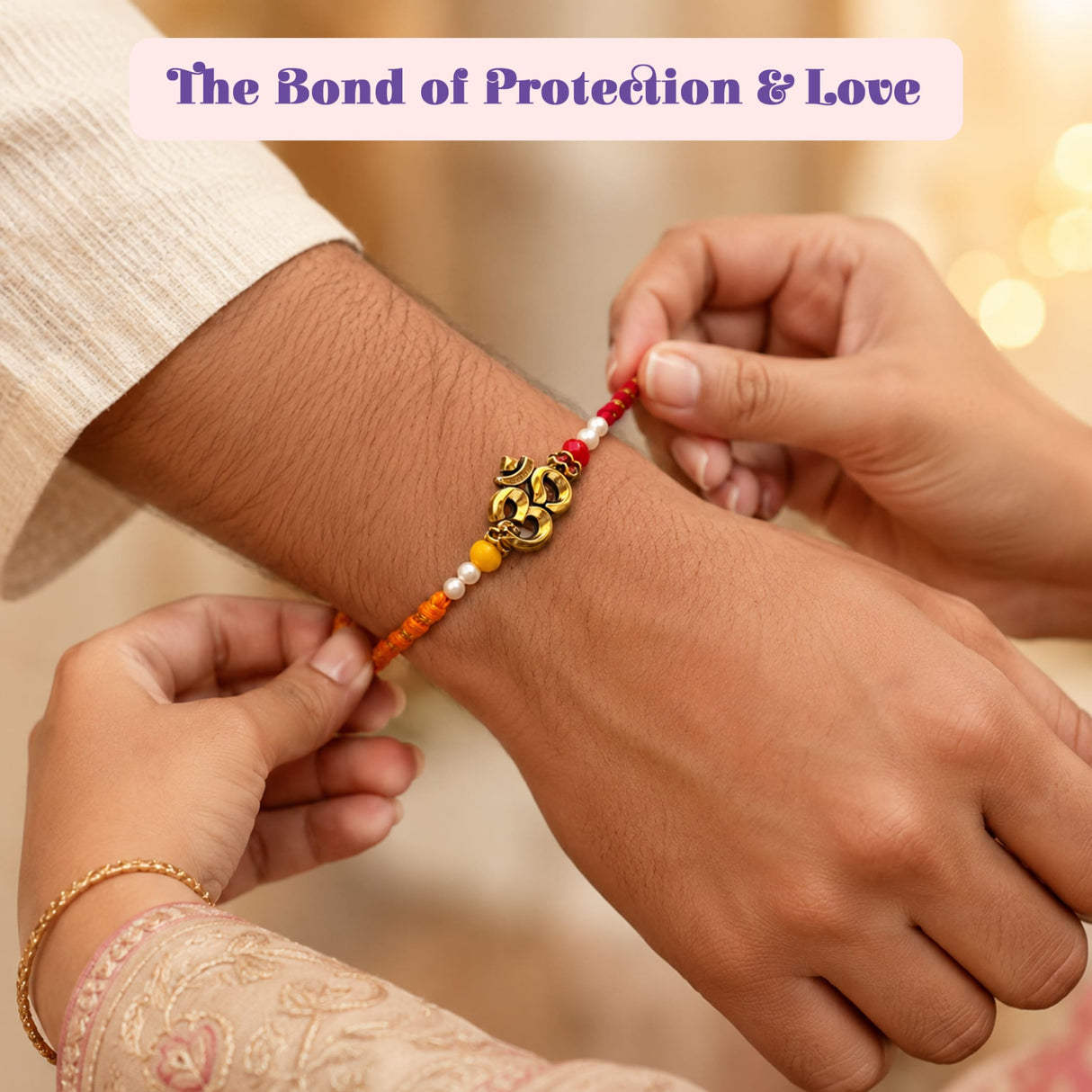 Gold-colored om charm bracelet with red orange and white beads handcrafted adjustable thread for raksha bandhan gift