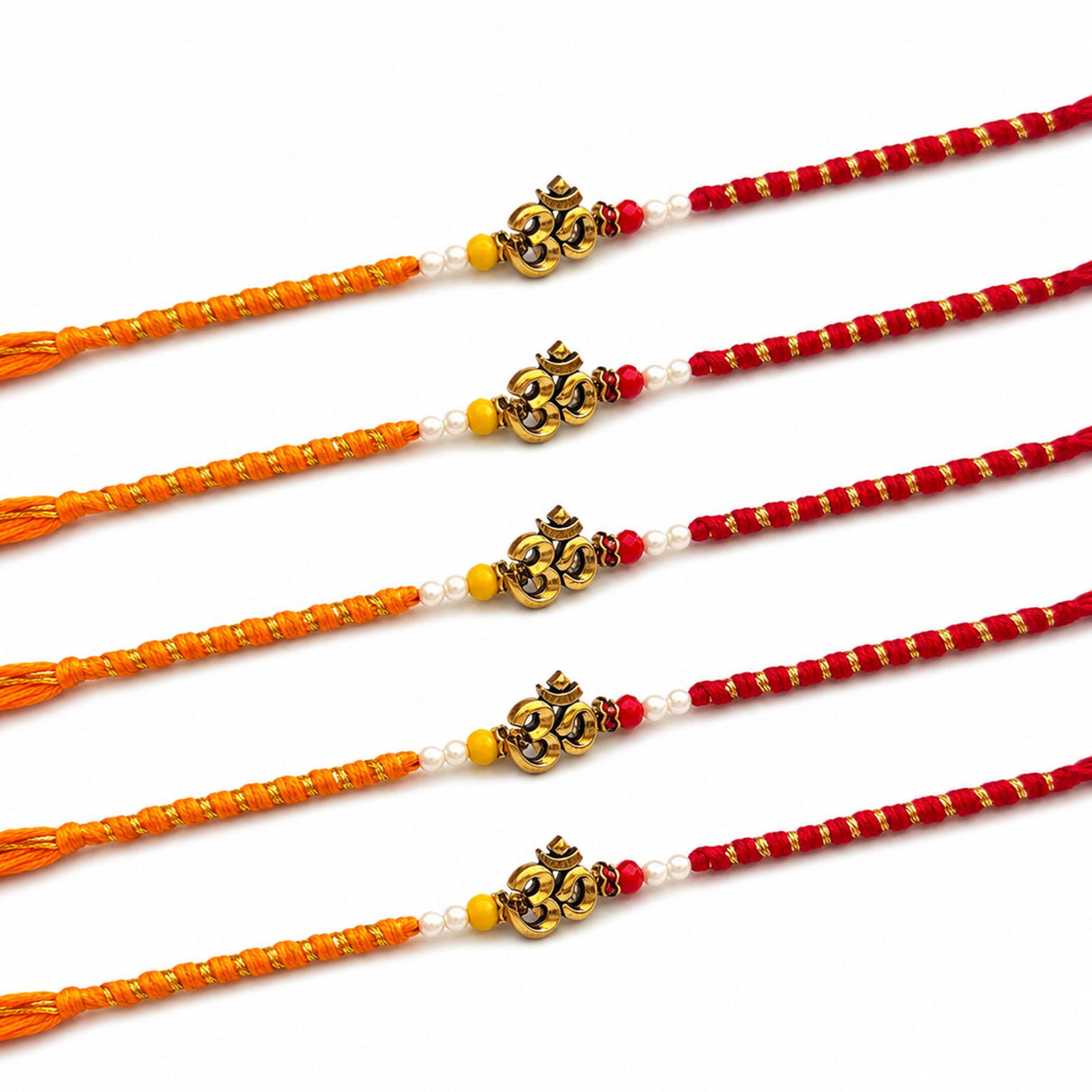 Five handcrafted orange and red designer Om rakhi bracelets with golden charms white pearls and yellow beads for Raksha Bandhan