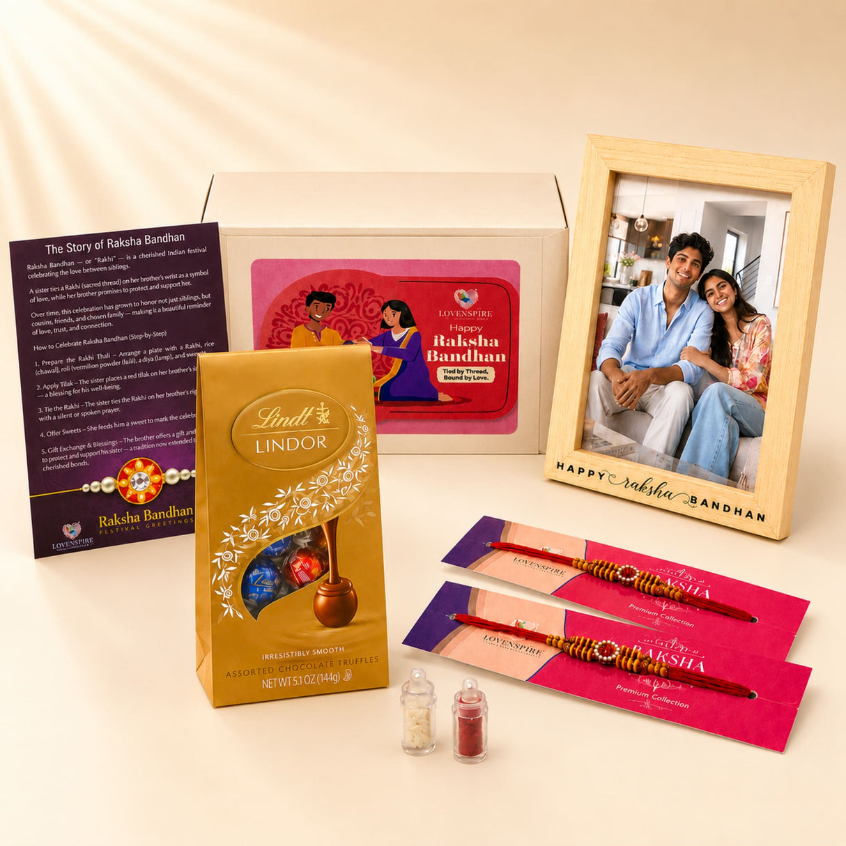 Gold foil-wrapped lindt lindor chocolate truffles in a transparent windowed package included in designer rakhi gift hamper