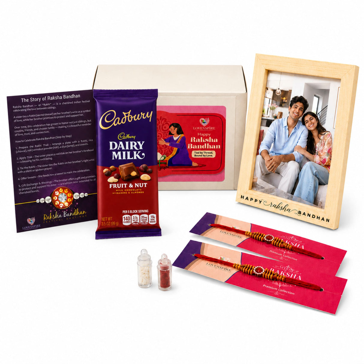 Cadbury Dairy Milk fruit and nut chocolate bar in purple and red wrapper included in designer Rakhi gift hamper