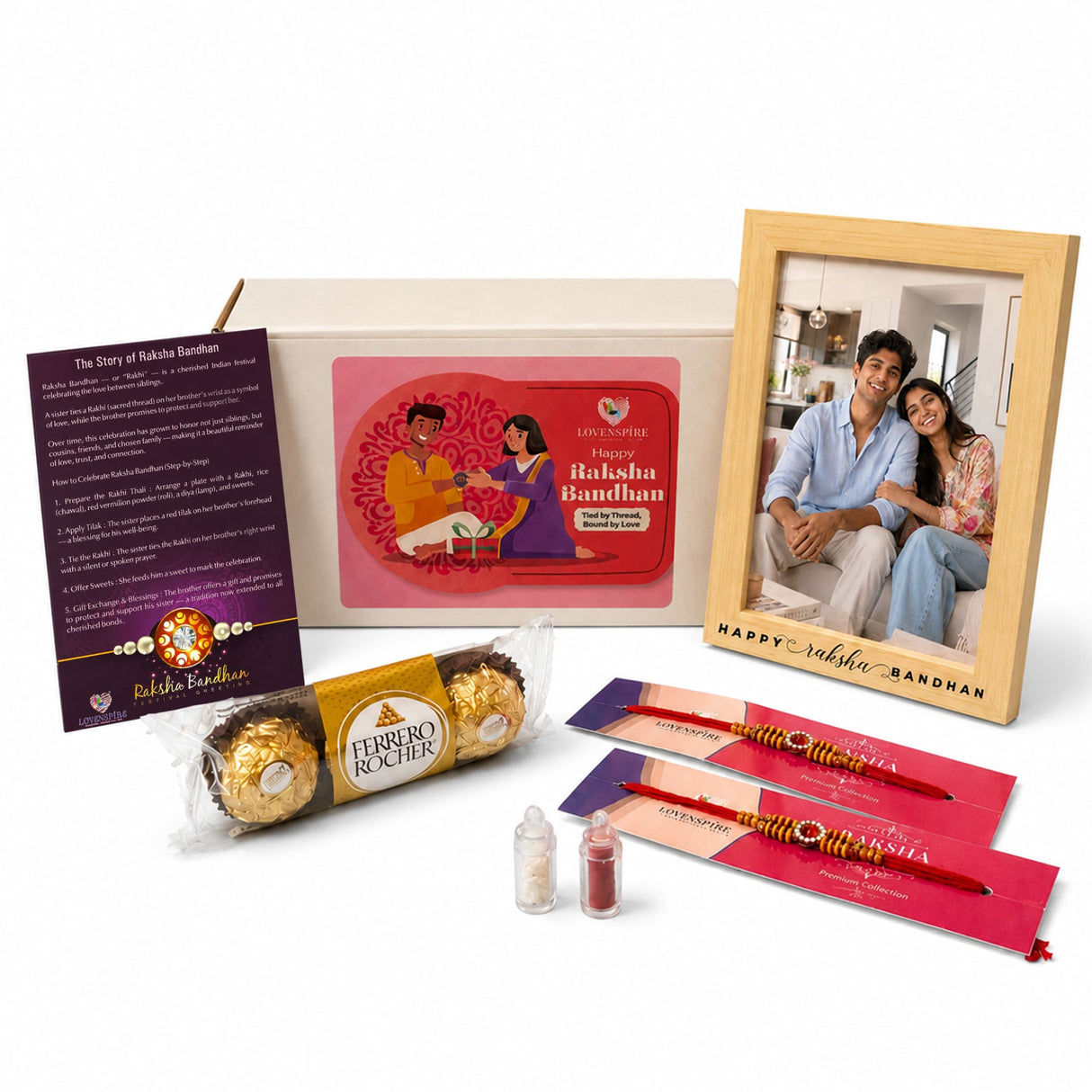 Designer Rakhi Gift Hamper for Brother & Bhabhi – Adjustable Rakhi Bracelet with Photo Frame, Chocolates, Roli Chawal & Card for Raksha Bandhan