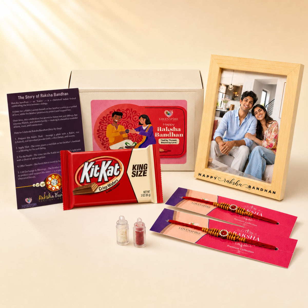 Red kitkat king size chocolate bar with gold and white lettering included in a designer rakhi gift hamper for brother and bhabhi